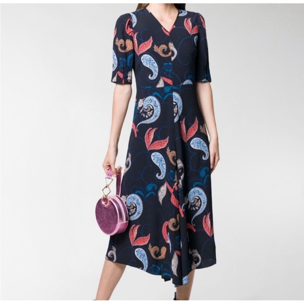 See by Chloe navy blue paisley midi dress puff sleeve size 38